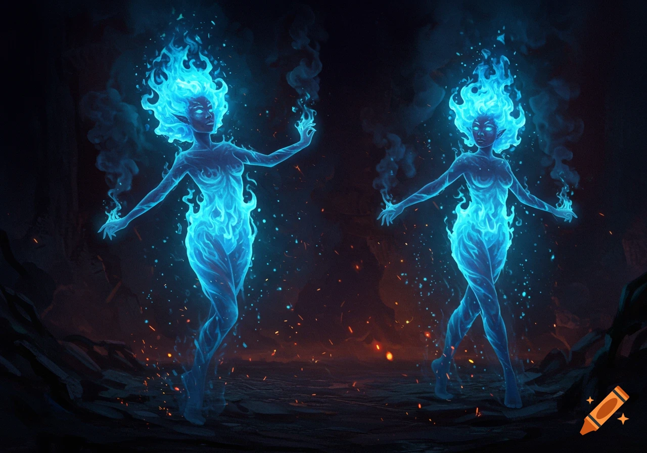 Two luminous blue flame women stand with outstretched arms in a dark, smoky setting with glowing embers on the ground.