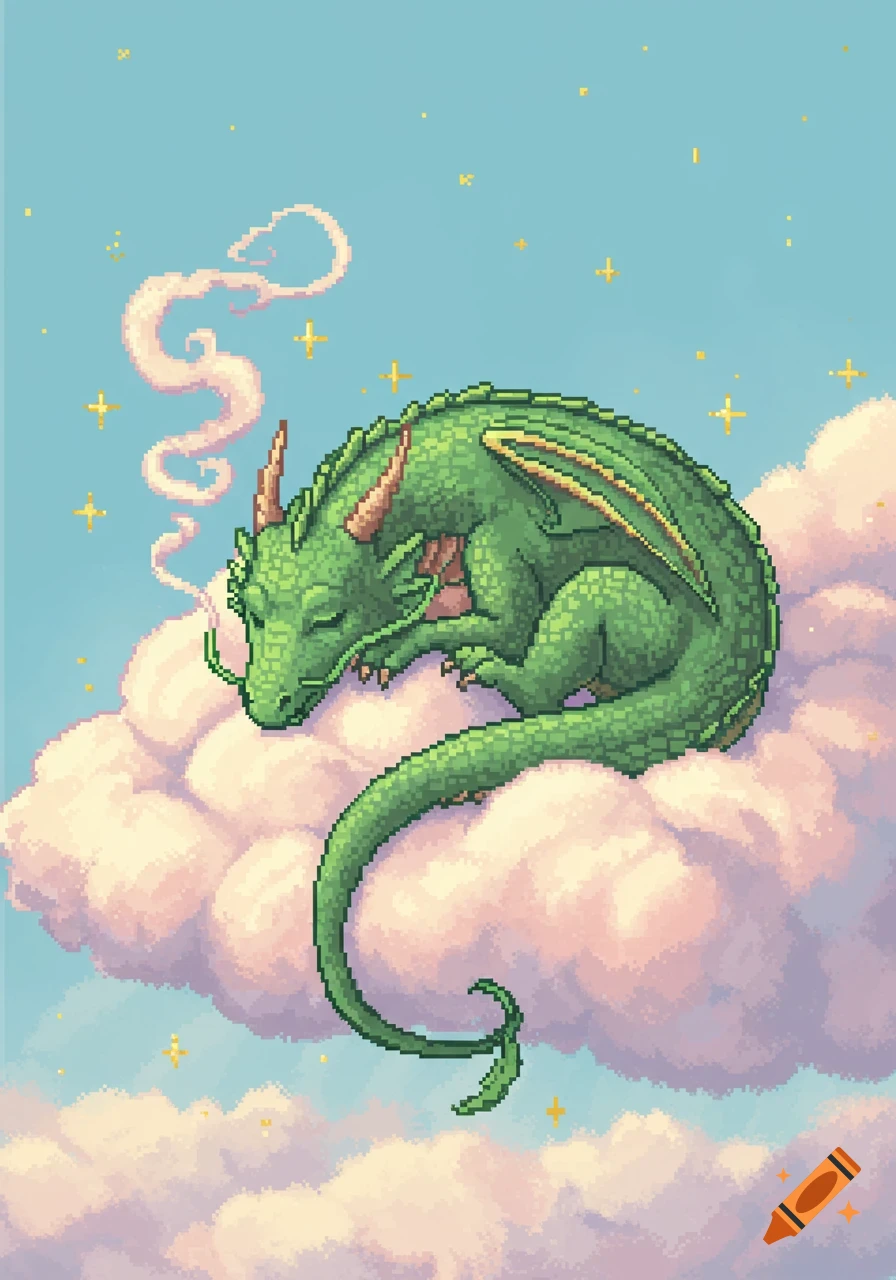 Pixel art green dragon curled up sleeping on a fluffy cloud in a blue sky with golden sparkles.