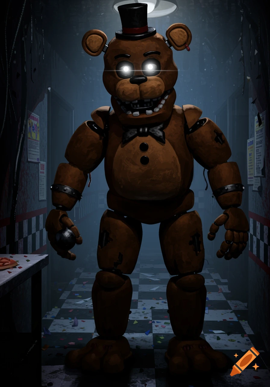 A menacing brown animatronic bear with glowing eyes and a top hat stands in a dark, grimy hallway.