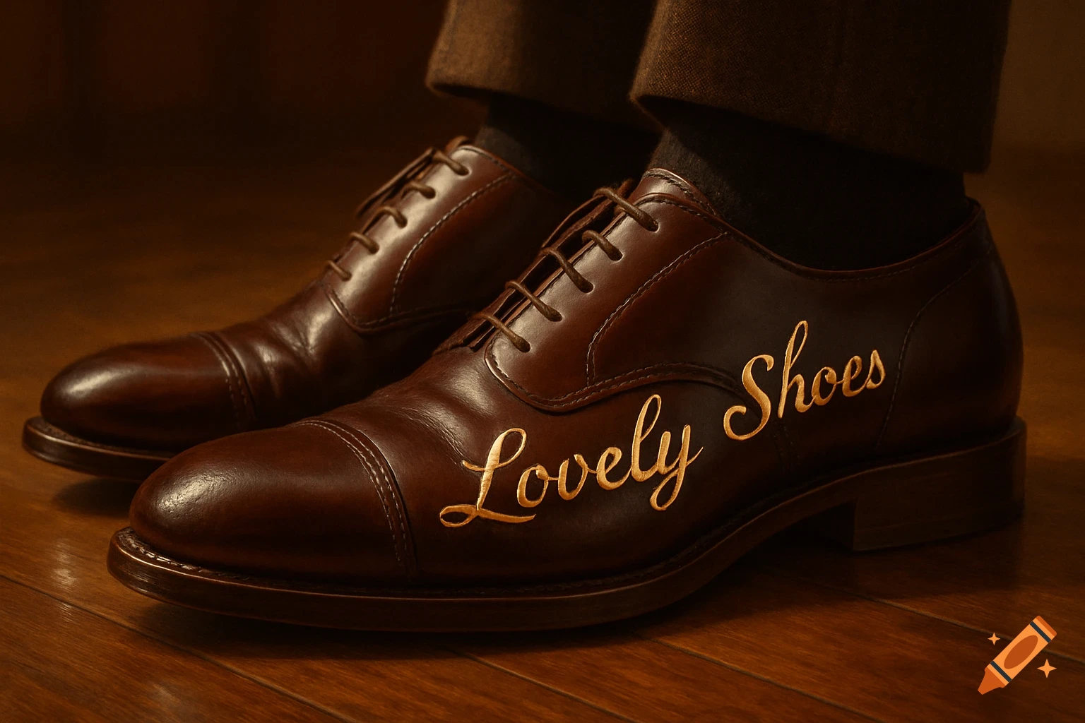 A close-up, photorealistic shot of polished brown leather men's dress shoes, with "Lovely Shoes" written in golden script on the side.