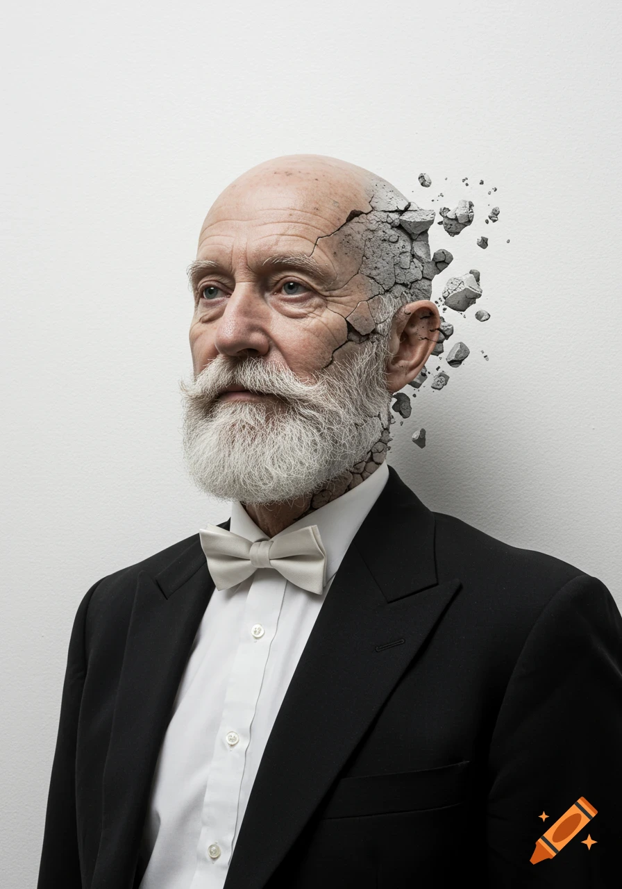 A surreal, photorealistic portrait of an elderly man in a tuxedo, with his bald head appearing to crack and crumble like cement.