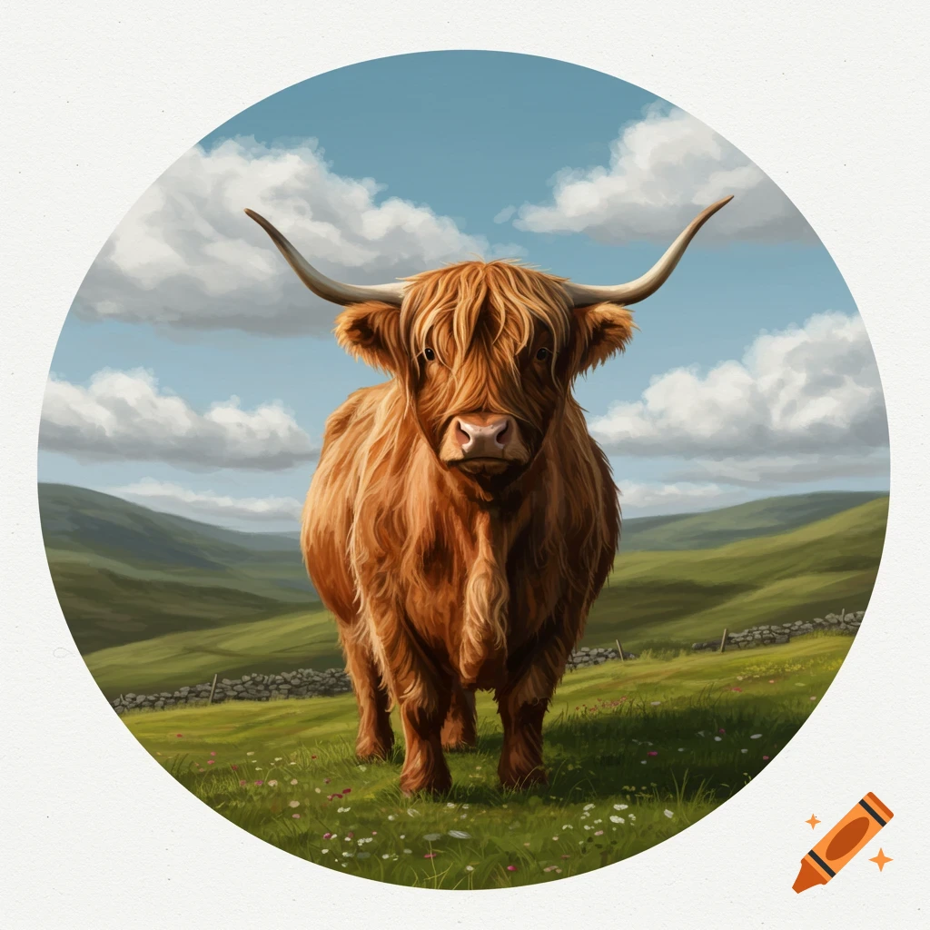 Digital painting of a shaggy brown Highland cow standing in a green field with hills and a cloudy blue sky.
