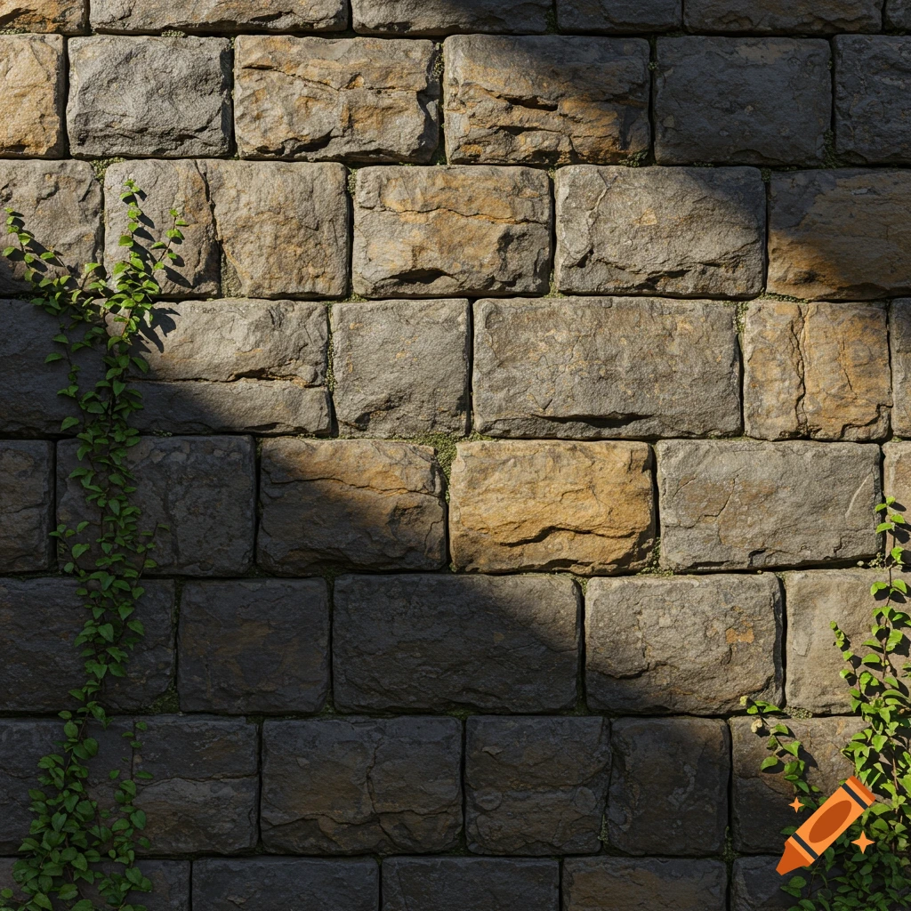 A photorealistic close-up of a grey and brown stone wall with green ivy vines growing on it.