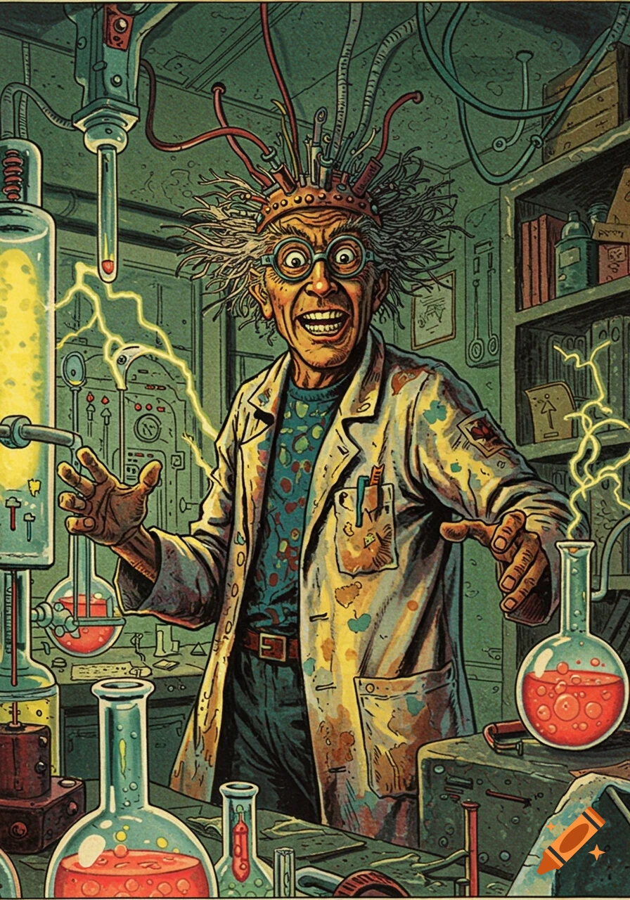 A wide-eyed, wild-haired mad scientist with wires on his head grins maniacally in a cluttered laboratory, 1960s pulp art style.