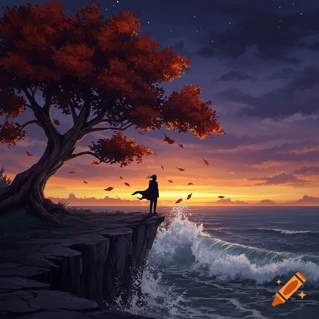 A lone figure stands on a rocky cliff under a large autumn tree, gazing at a dramatic sunset over a stormy ocean with crashing waves. Digital art.