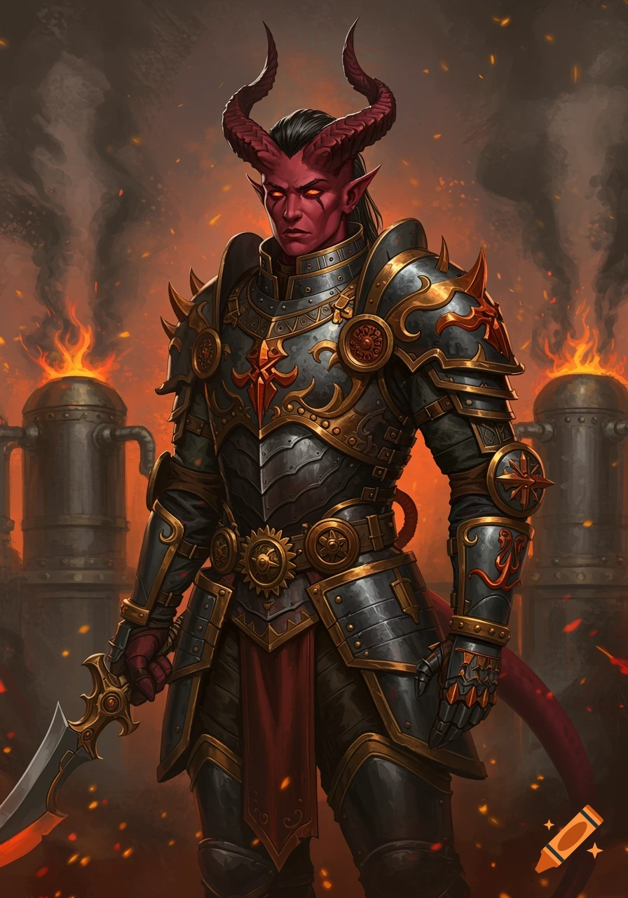 A red-skinned Tiefling in intricate black and gold steampunk armor, holding a sword, stands before fiery industrial machinery.