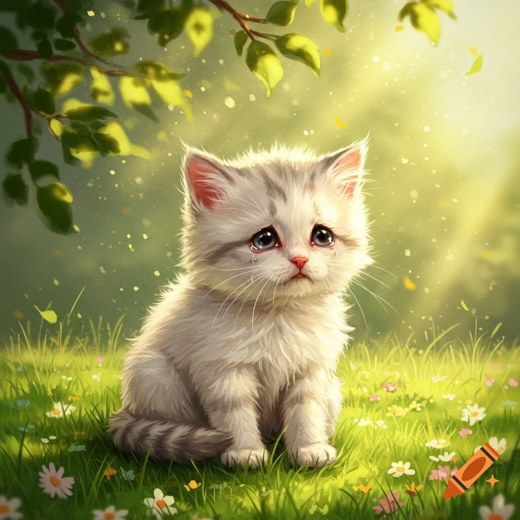 A fluffy white kitten with grey stripes cries, sitting in a green grassy field with small colorful flowers in a whimsical illustrative style.
