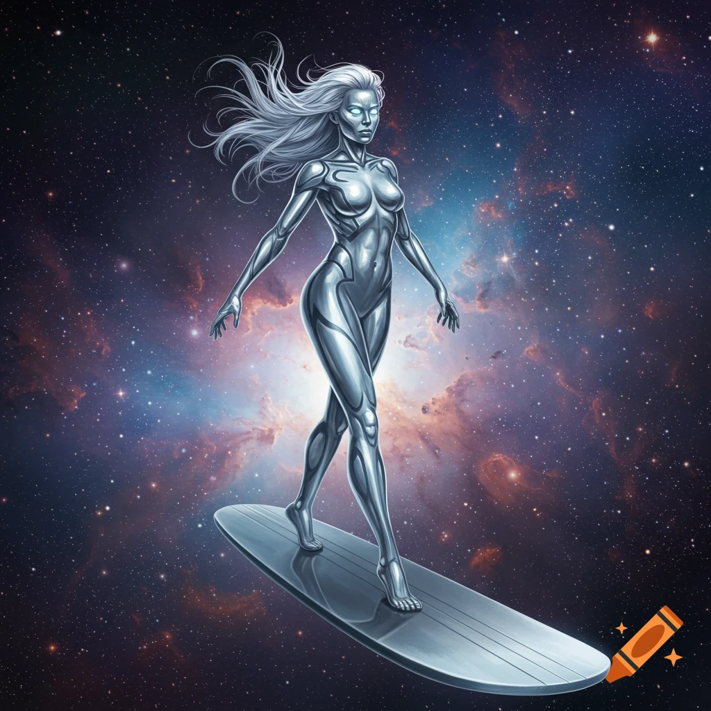 A powerful female Silver Surfer on a metallic board floats gracefully in deep space, surrounded by colorful nebulae and stars. Cosmic sci-fi art.