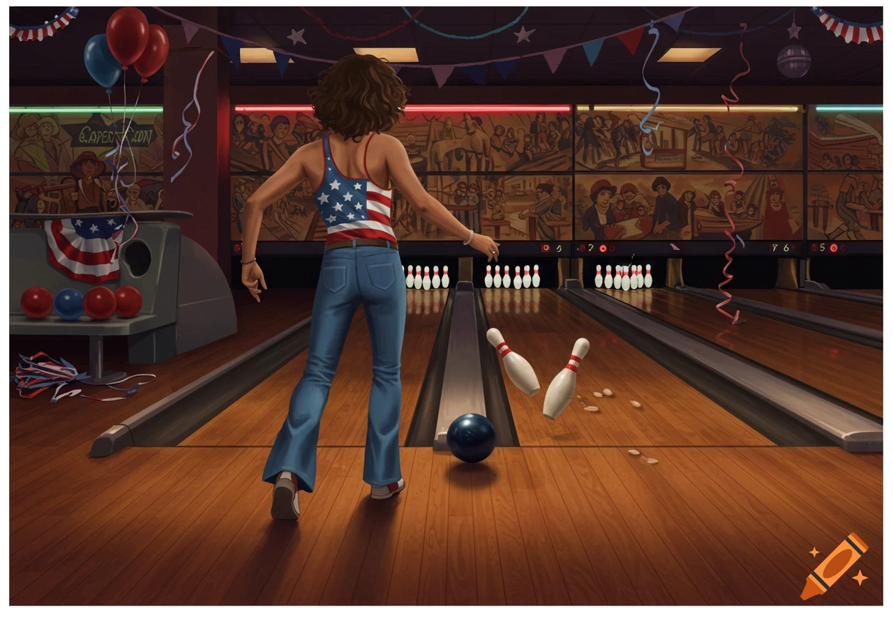 A young woman from behind, wearing an American flag tank top and jeans, bowls in a retro alley. A bowling ball rolls towards pins, with two pins already falling. Red, white, and blue decorations hang around the alley.
