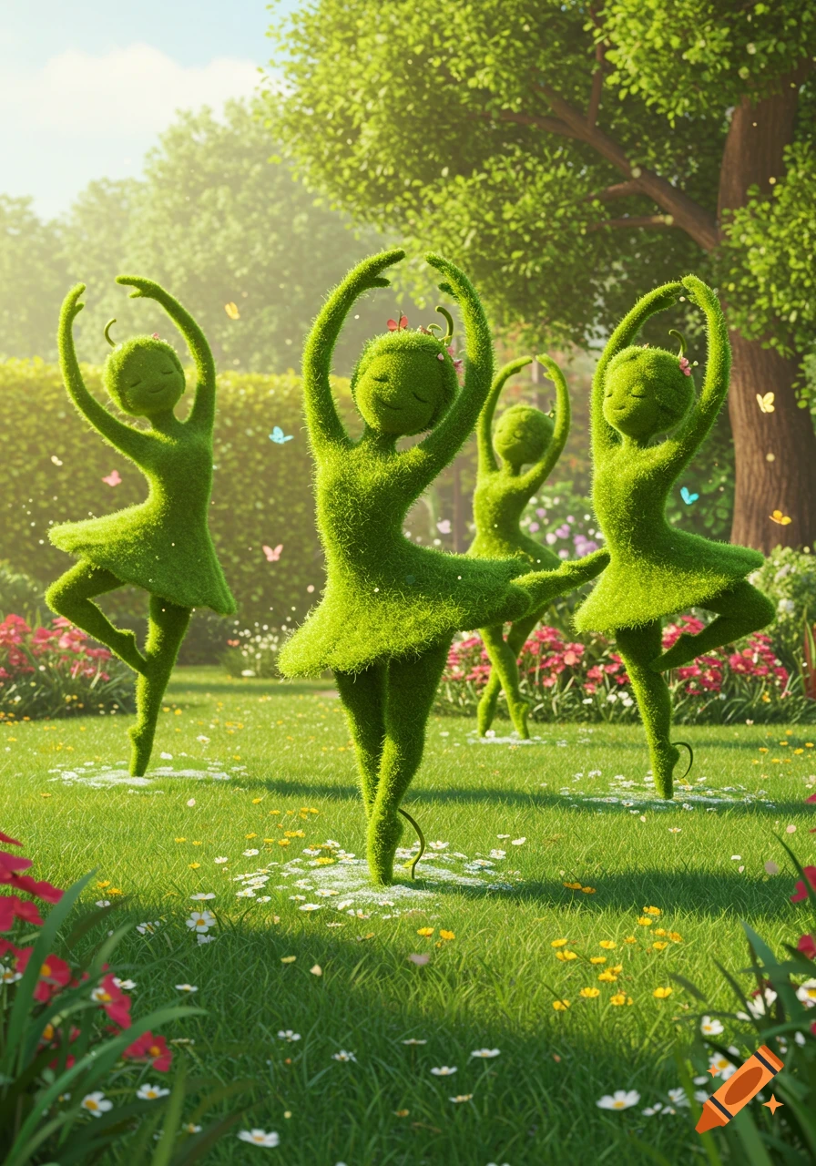 Whimsical cartoon of four green grass ballerina statues dancing in a sunny, flower-filled garden.