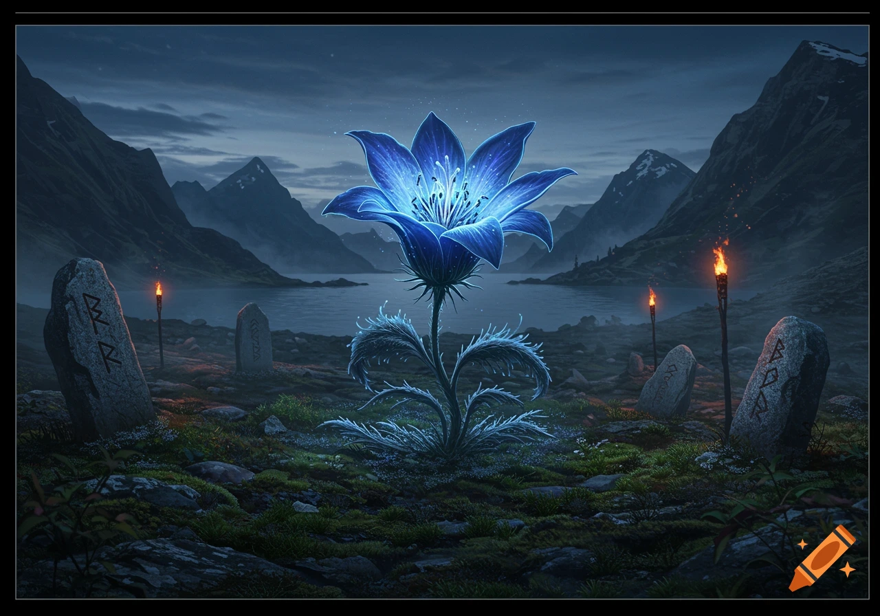 A glowing blue flower at night in a rugged landscape with mountains, a lake, and runic stones lit by torches.