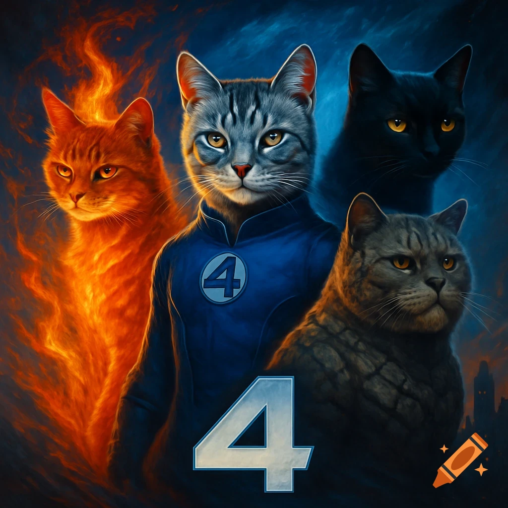A movie poster featuring four cats as the Fantastic Four. One cat wears a blue uniform with a '4' logo, another is engulfed in flames.