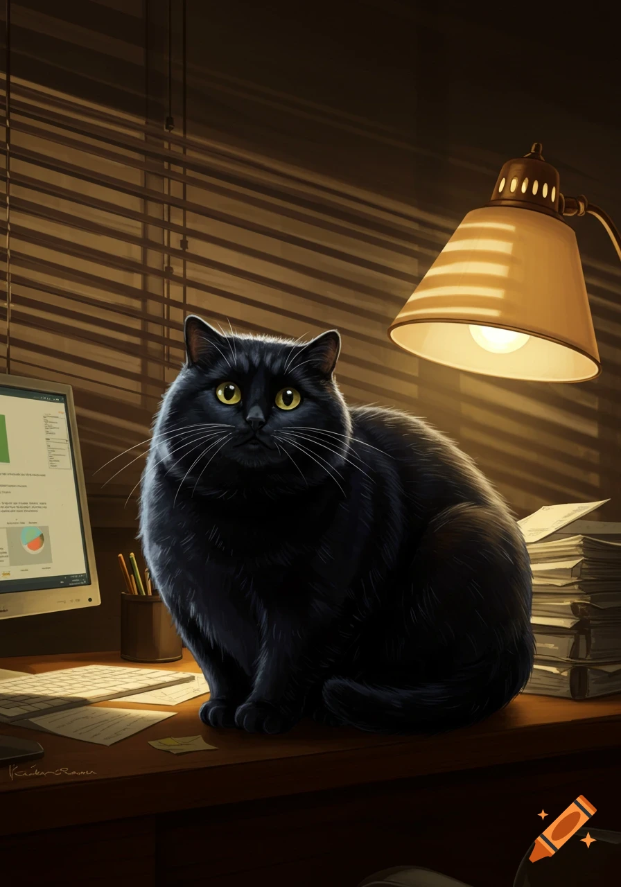 A fluffy black cat sits on a desk next to a glowing lamp and computer monitor in a digital art style.