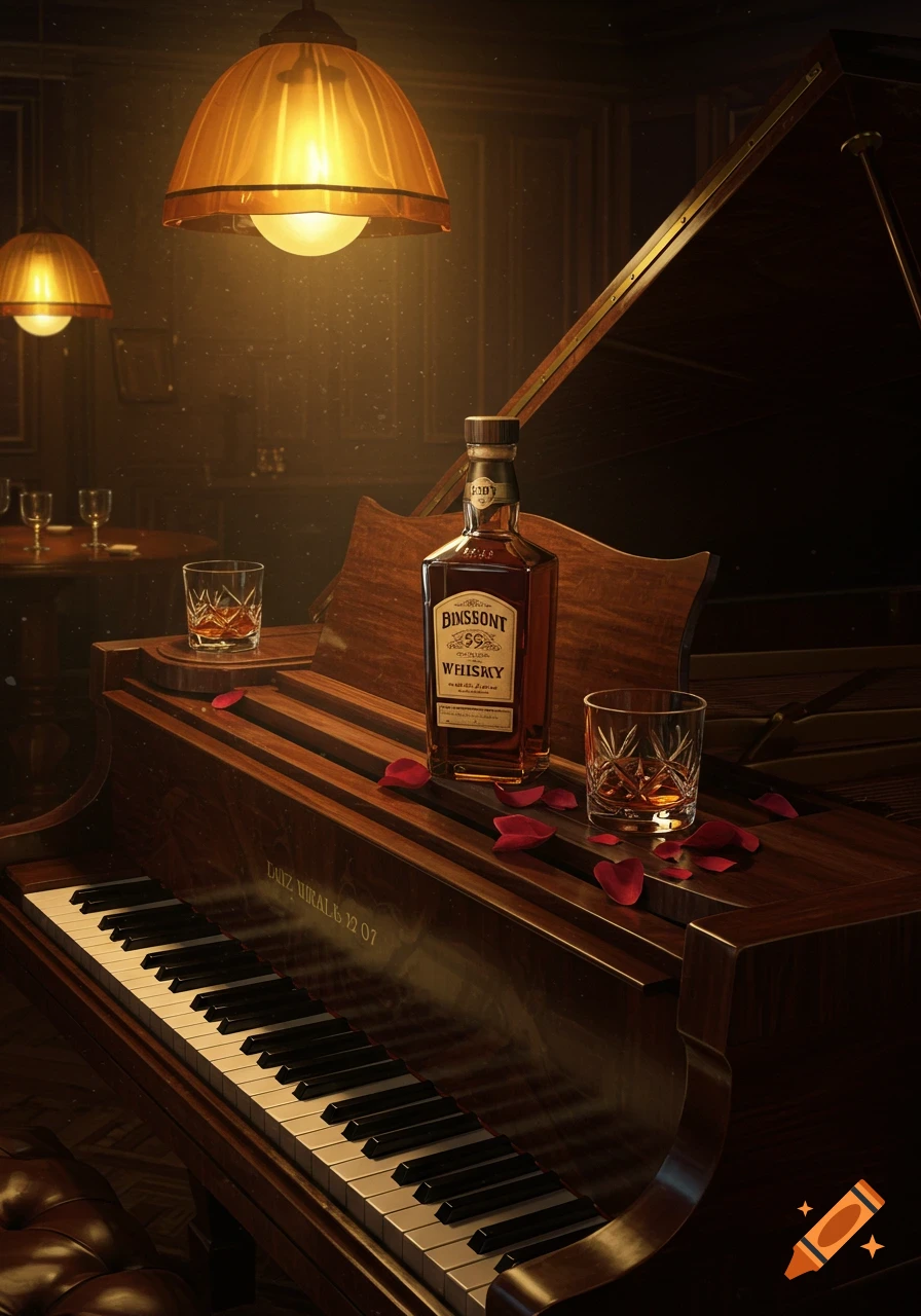 A bottle of whiskey and two glasses with rose petals on a grand piano in a dimly lit, elegant room.