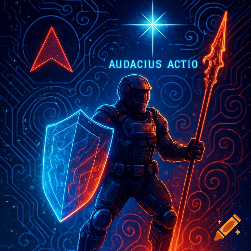 A futuristic soldier in dark power armor holds a glowing blue and red shield and a fiery spear against a background of glowing digital circuits and a bright star.