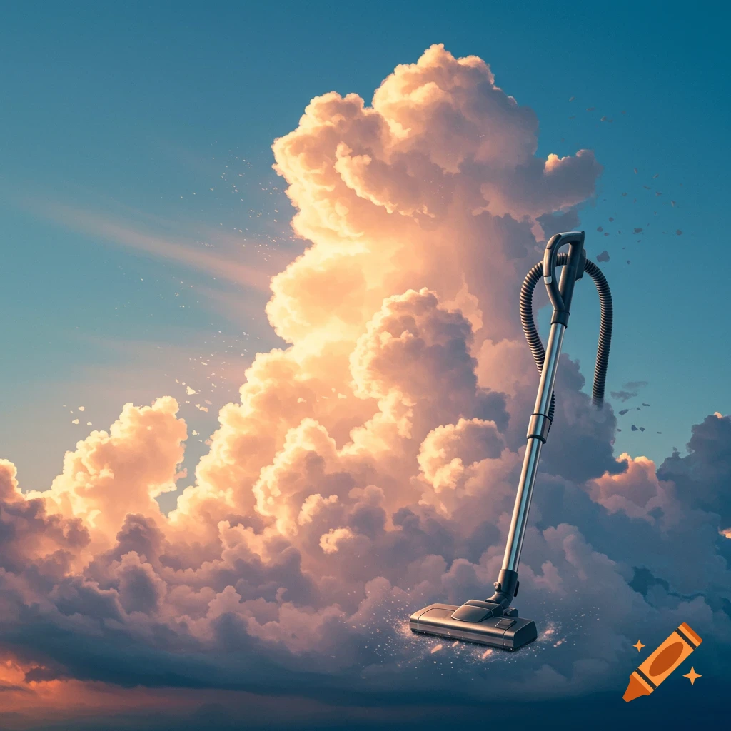A vacuum cleaner stands upright in a bright blue sky, sucking up large, sunlit cumulus clouds.