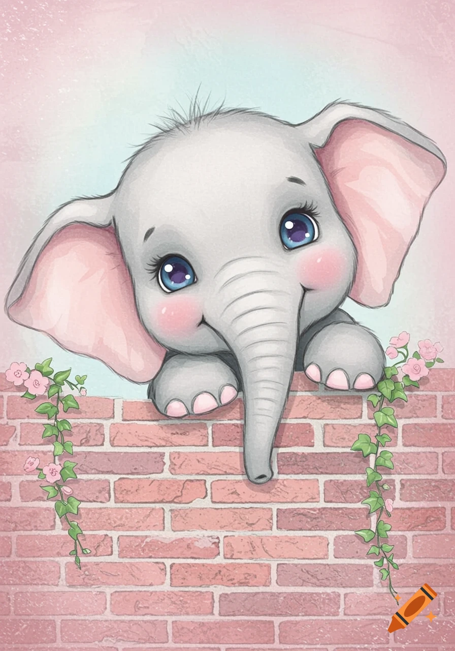 A whimsical painting of a cute baby elephant with big blue eyes peeking over a pink brick wall adorned with flowers and vines.