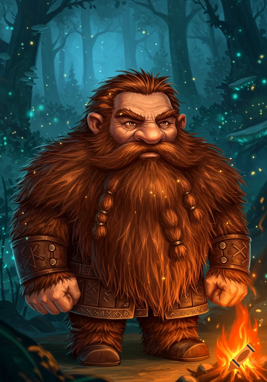 A detailed digital painting of a short, stocky gnome or dwarf with a long, bushy, braided red-brown beard covering his body, standing in a magical forest with glowing fireflies and mushrooms, next to a small campfire.