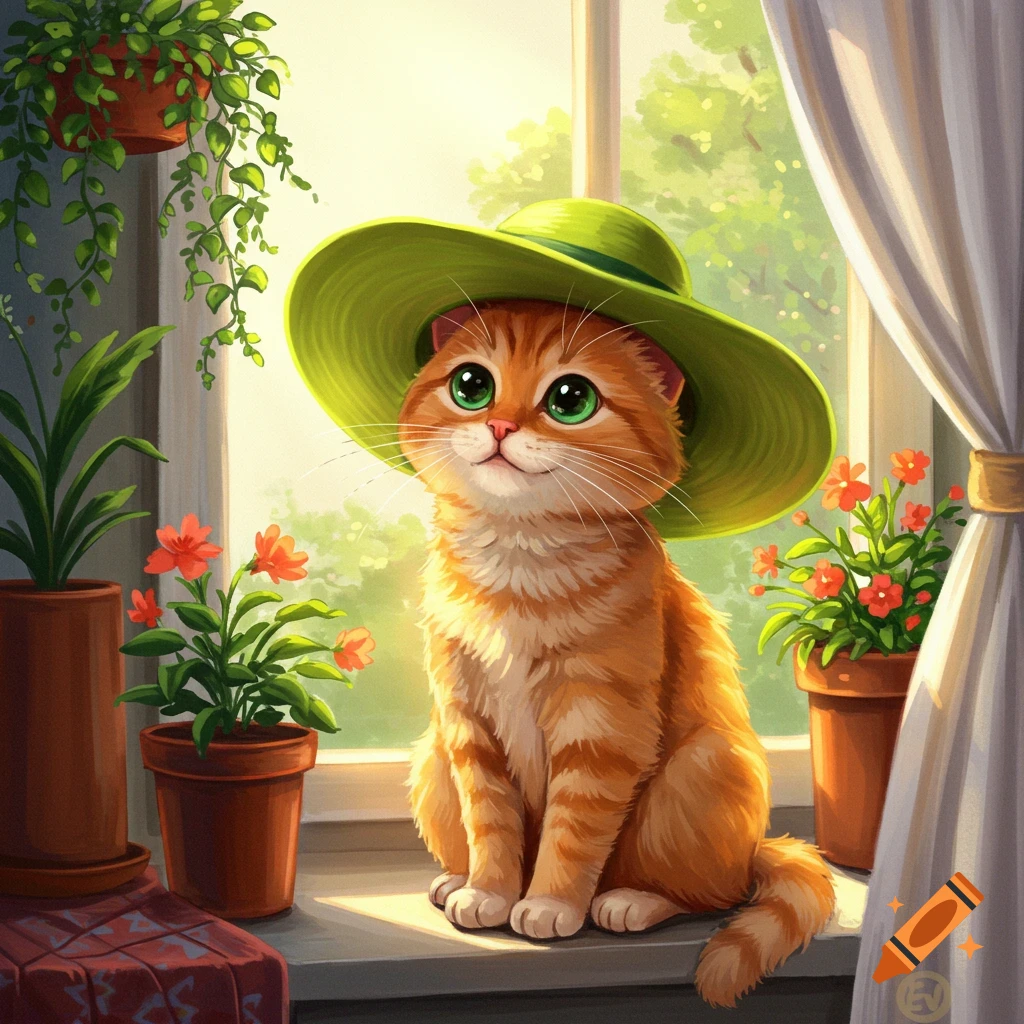 A cute orange tabby cat with large green eyes wearing a large green sun hat sits on a window sill surrounded by potted plants in bright sunlight.