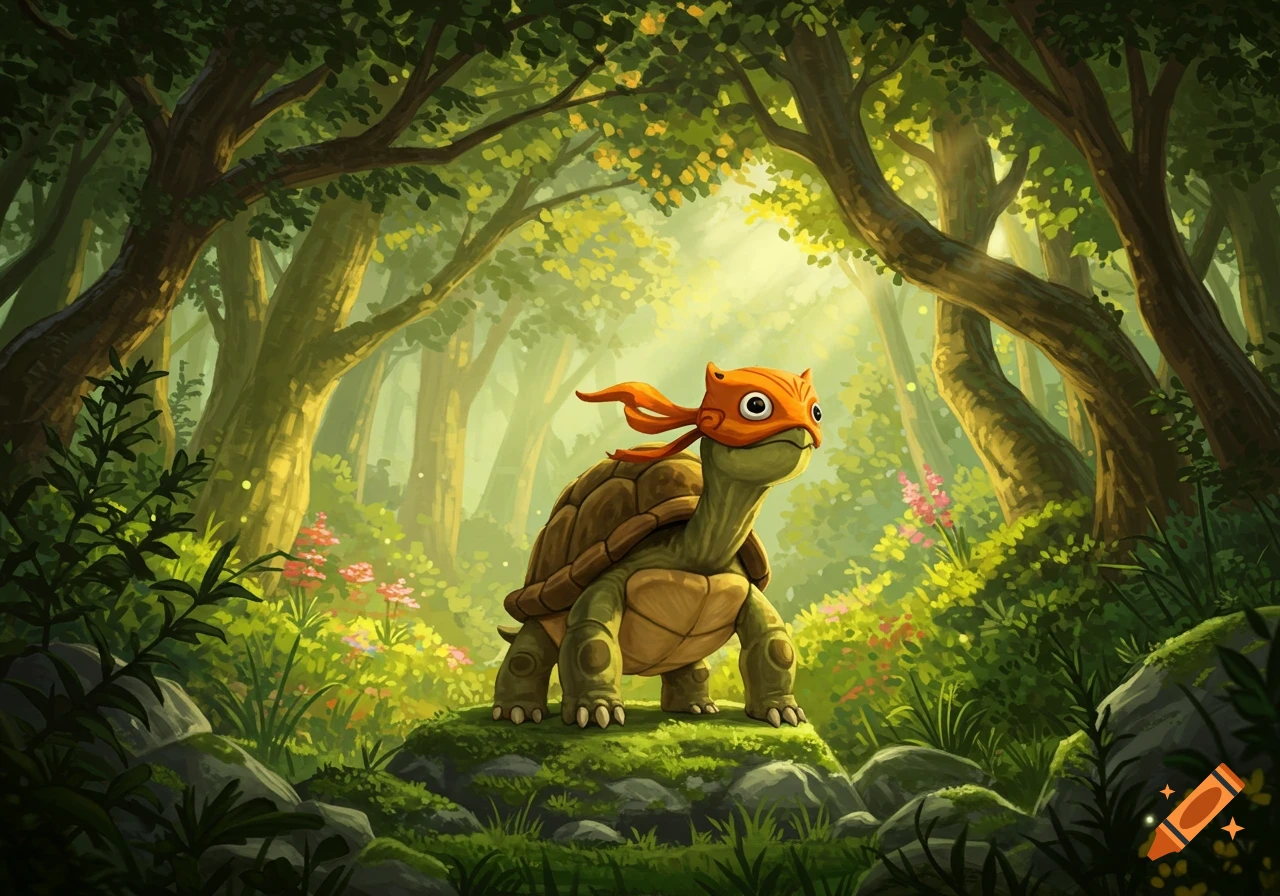 A Studio Ghibli style cartoon turtle wearing an orange ninja mask stands on a mossy rock in a vibrant, sunlit forest.