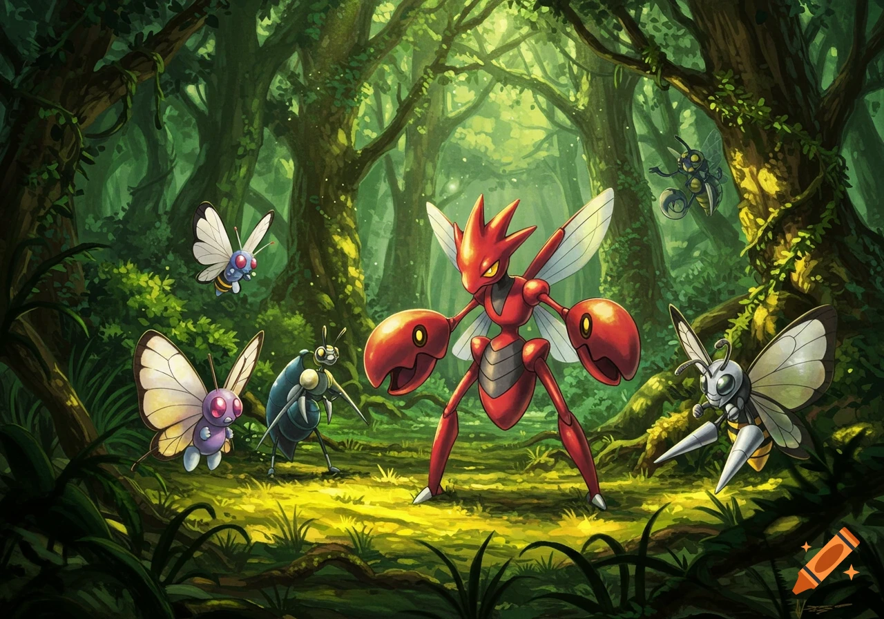 Scizor and other bug-type Pokmon in a vibrant, lush forest setting, illustrated in a colorful digital art style.