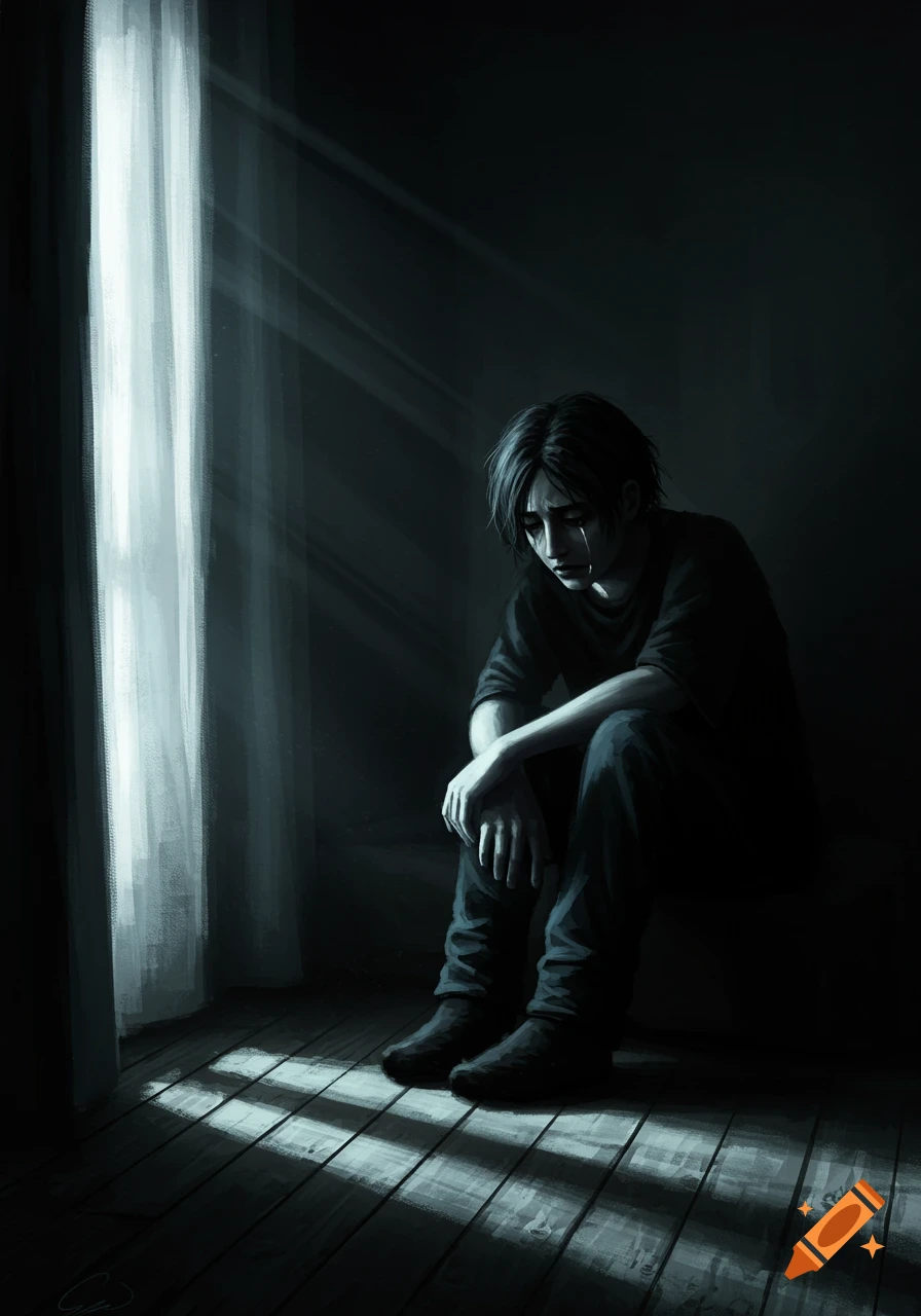 A digital painting of a distraught person crying, sitting in a dark room with light streaming from a window.