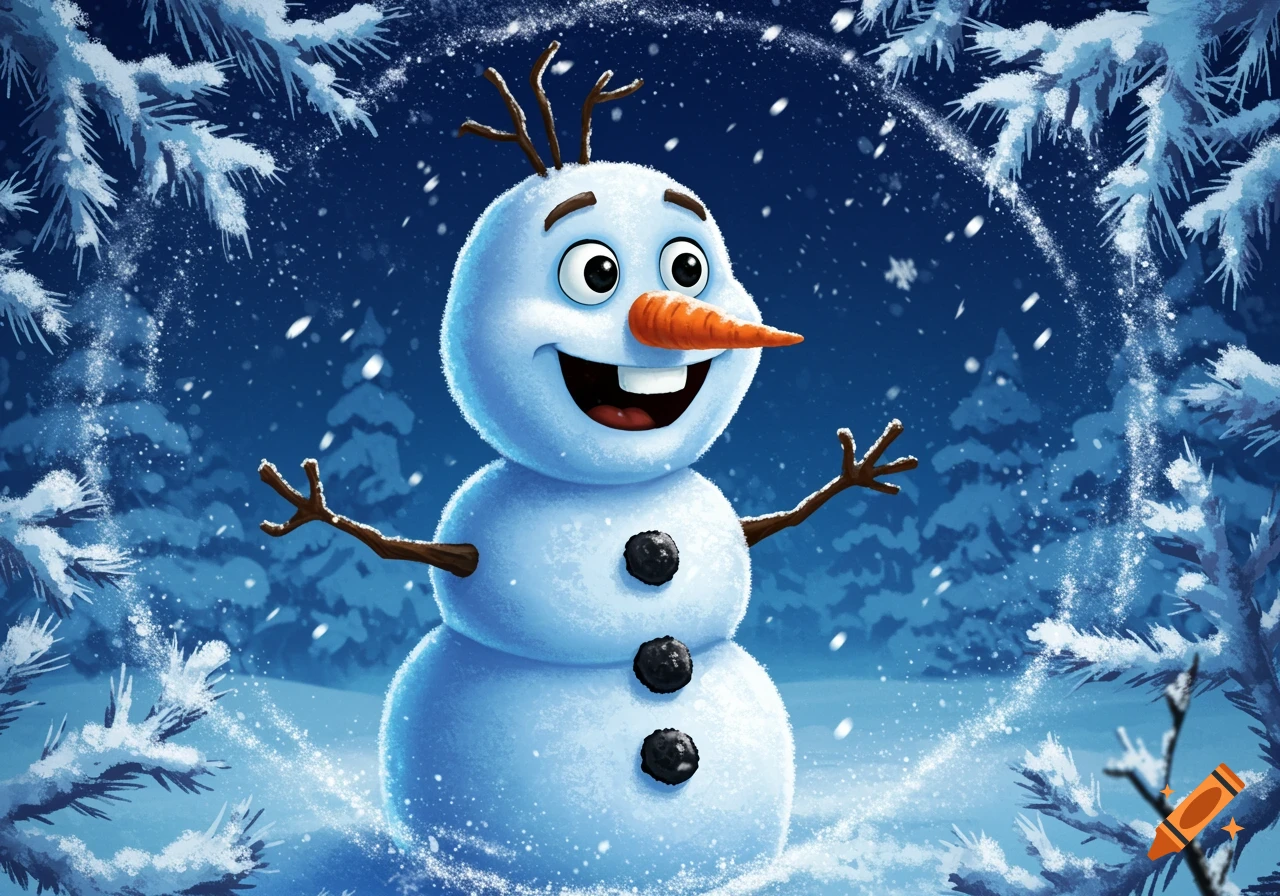 A cheerful cartoon snowman with a carrot nose and stick arms smiles in a snowy forest at night, surrounded by sparkling snow and frost-covered pine trees.