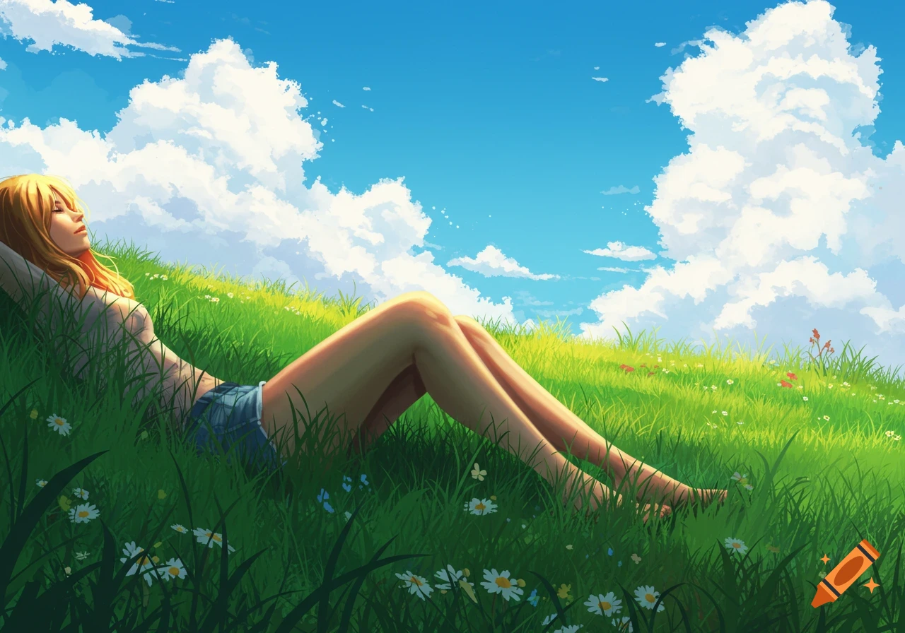 A woman with blonde hair in shorts lies relaxed in a vibrant green grassy field under a bright blue sky with fluffy white clouds, in an anime style.