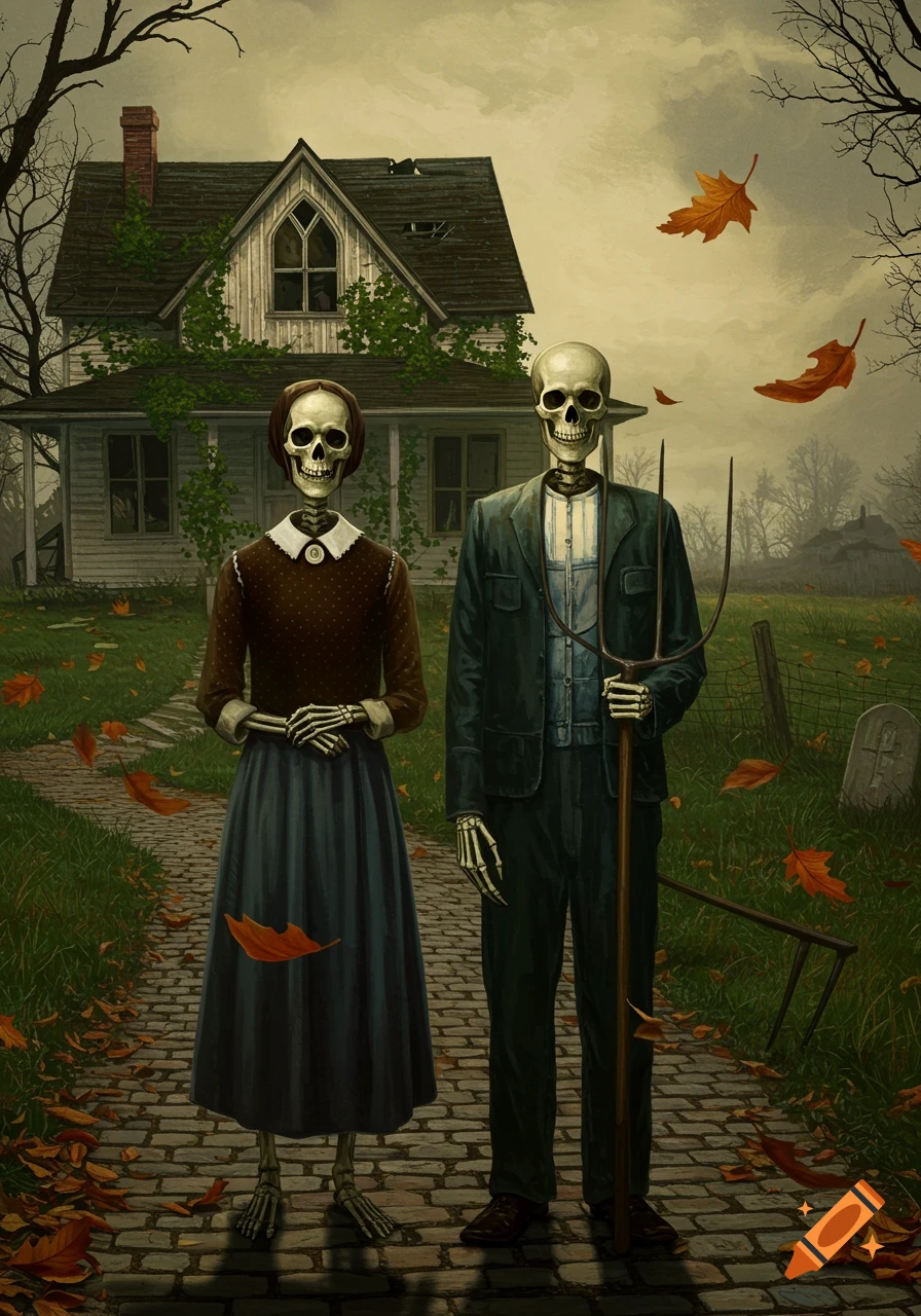 Two skeletons, dressed as the American Gothic couple, stand in front of a rural house with falling autumn leaves.