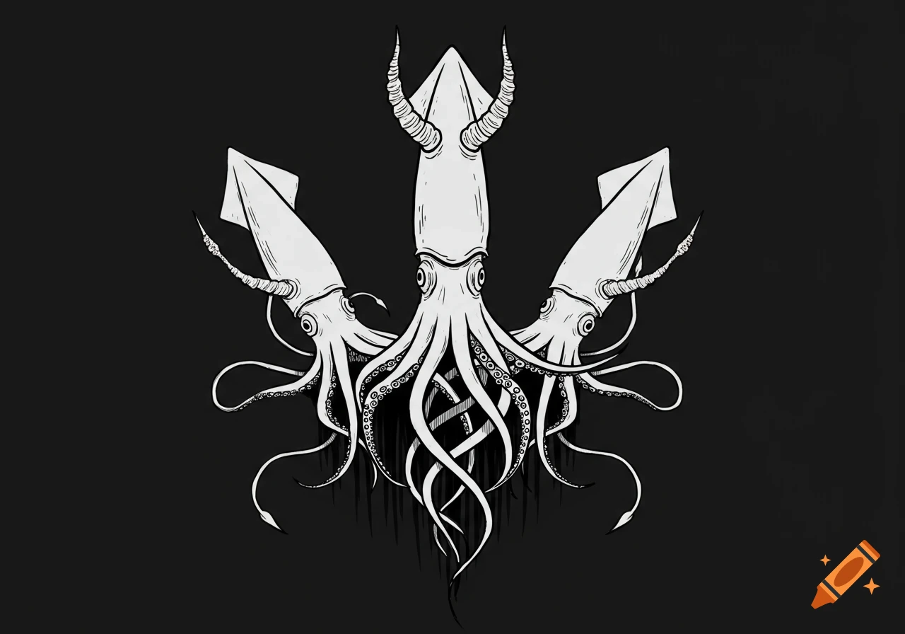 A black and white sketch depicts three stylized squids arranged like a trident, with the central squid having horns, on a dark background.