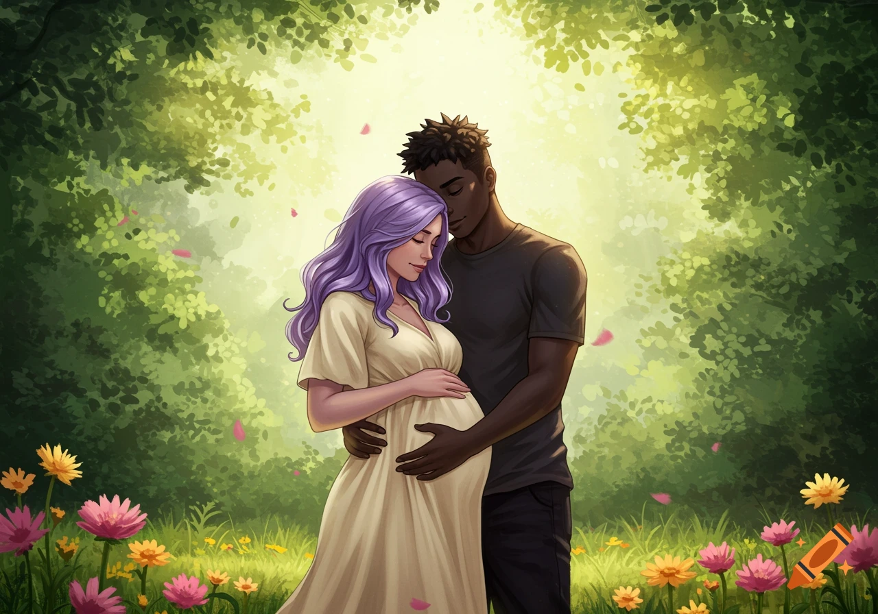 A cartoonish illustration shows a dark-skinned man embracing a purple-haired pregnant woman in a vibrant green forest with colorful flowers.