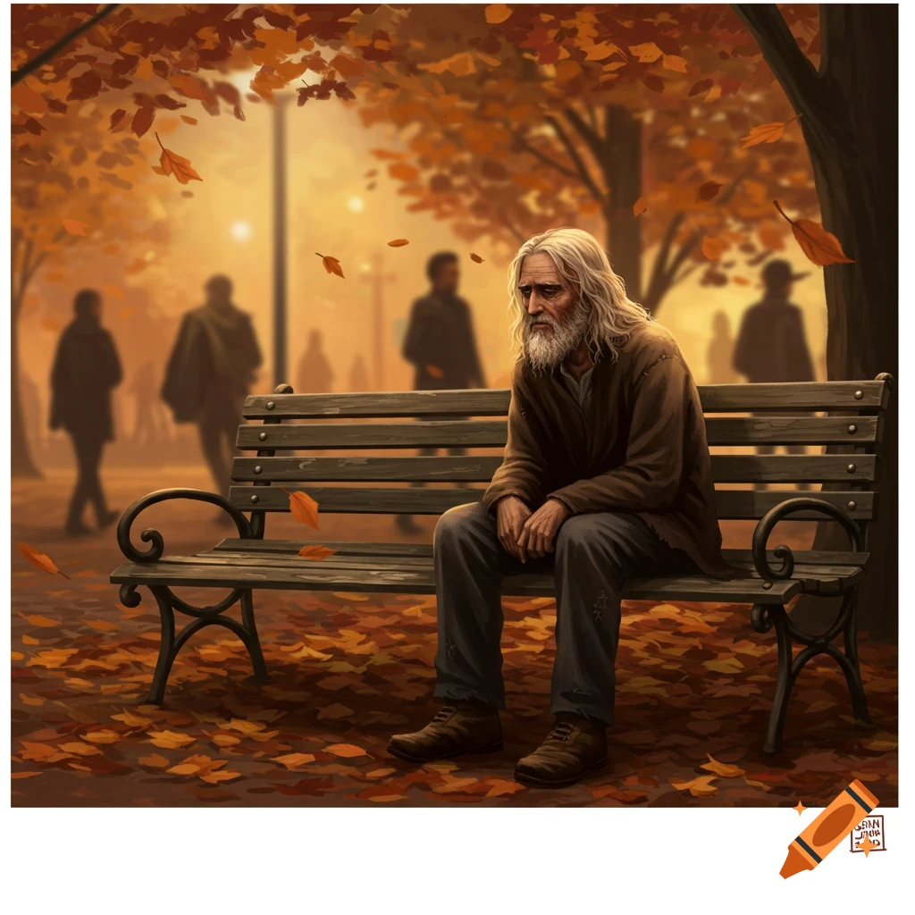 A somber man with long hair and a beard sits on a park bench covered in autumn leaves, surrounded by blurred figures in the background.