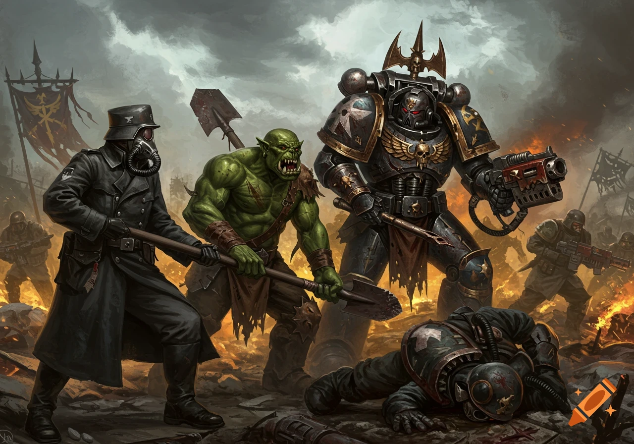 A Warhammer 40k Kriegsman and an Ork stand over a fallen Iron Warrior, wielding shovels in a stylized battle scene with fires and smoke in the background.