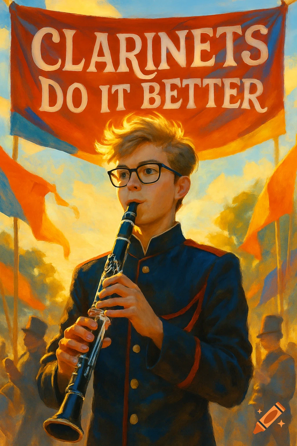 A young male clarinet player in a blue uniform and glasses plays under a red banner reading "CLARINETS DO IT BETTER" in a painterly style.