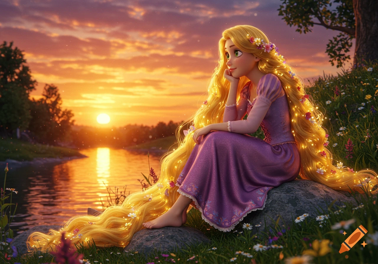 Rapunzel sits barefoot on a rock by a river at sunset, her long glowing hair flowing around her in a field of flowers.