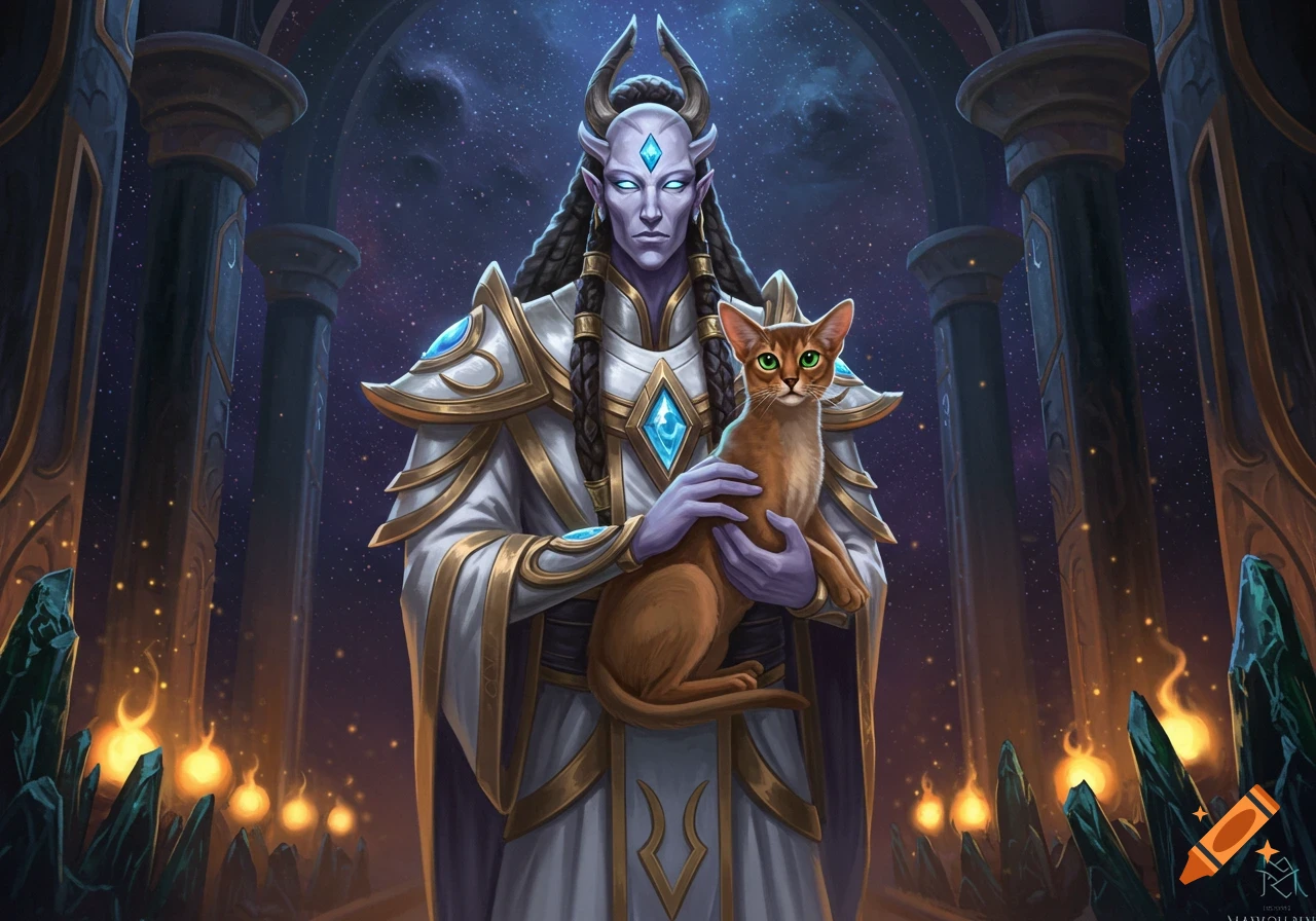 A fantasy character in white and gold armor holds an orange cat in a starry temple setting.