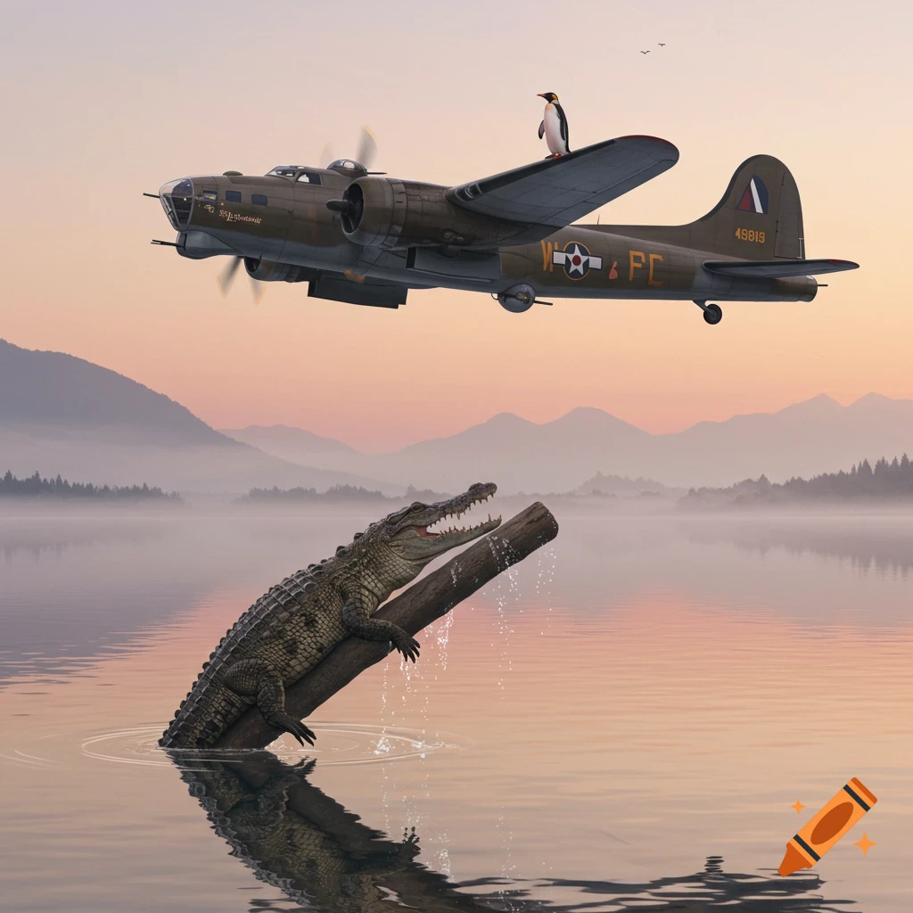 A military bomber plane with a penguin on its wing flies over a serene lake at sunset, while a crocodile rests on a log in the water.