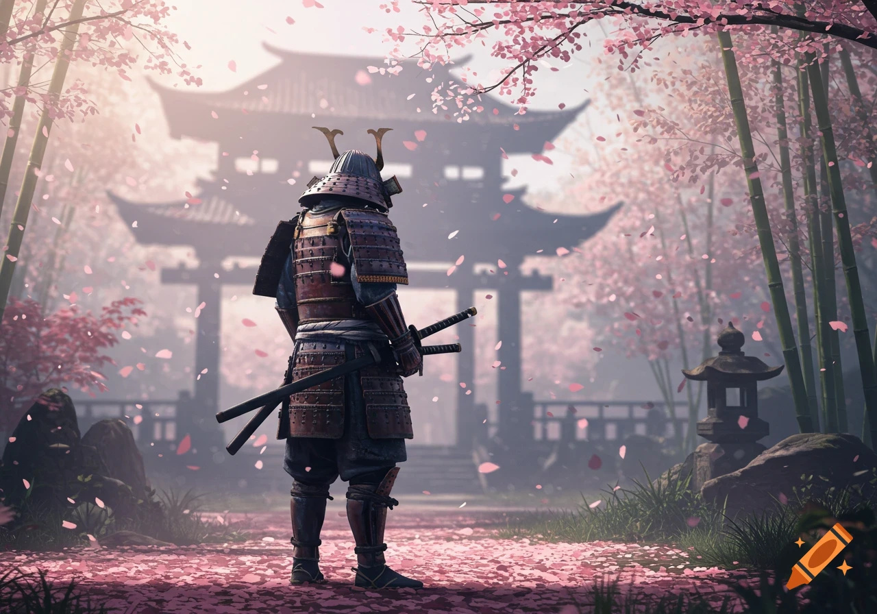 A samurai in full armor stands on a path covered in pink cherry blossom petals, facing a traditional Japanese temple.