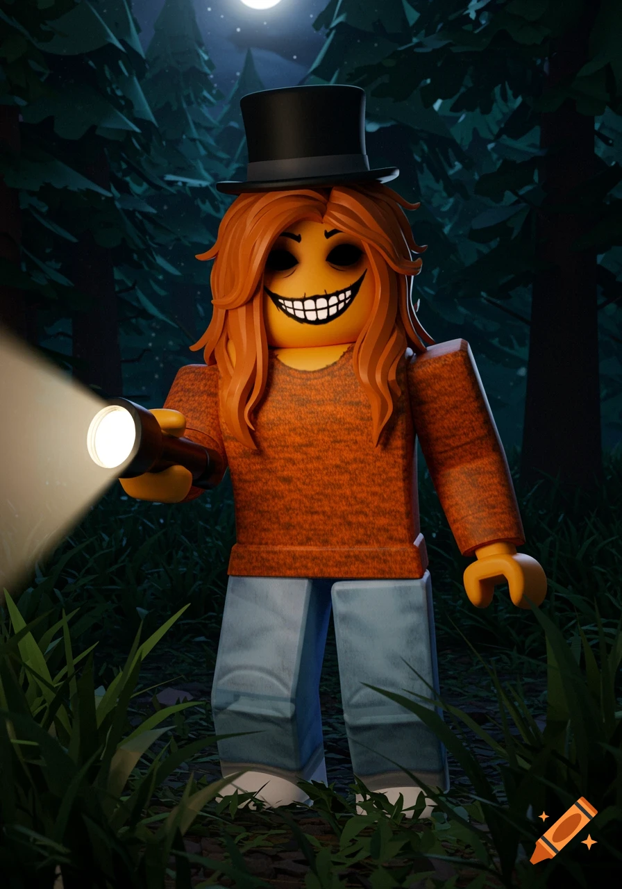 A Roblox character with orange skin, black void eyes, scary smile, black top hat, and flashlight stands in a dark forest at night.