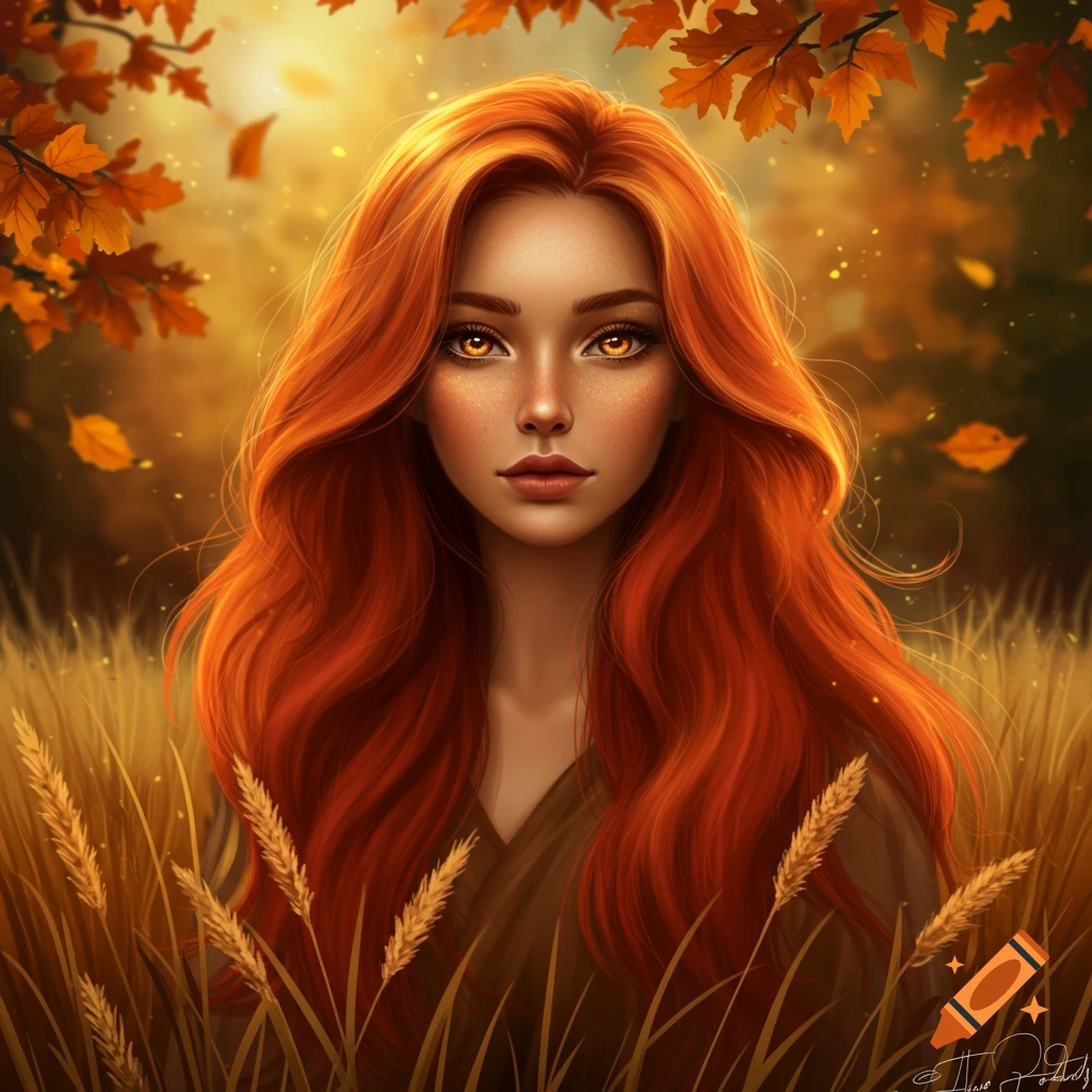 Digital painting of a woman with long red hair and glowing amber eyes, surrounded by autumn leaves and wheat in a warm, golden light.