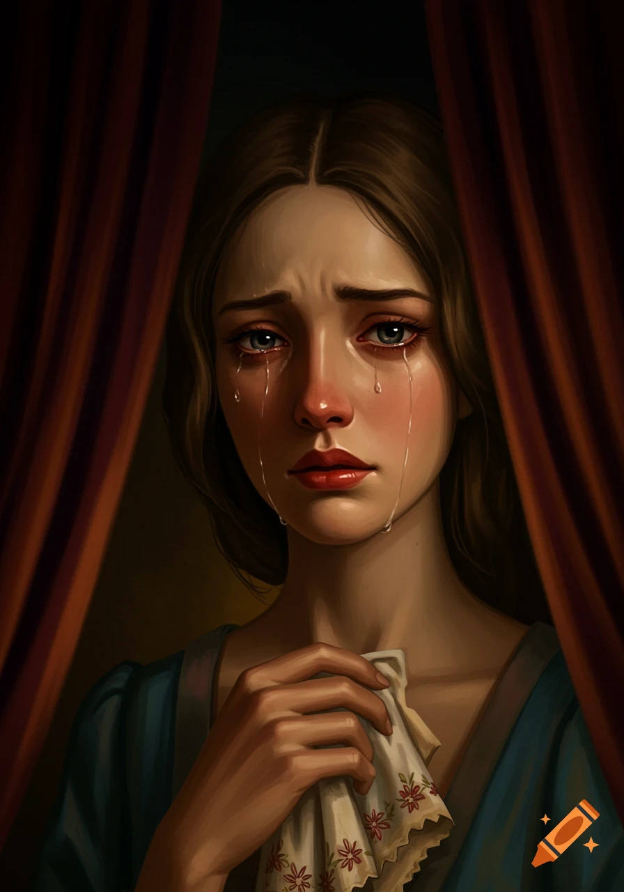 A close-up digital painting of a young woman with long brown hair crying, holding a white embroidered handkerchief, framed by red curtains.