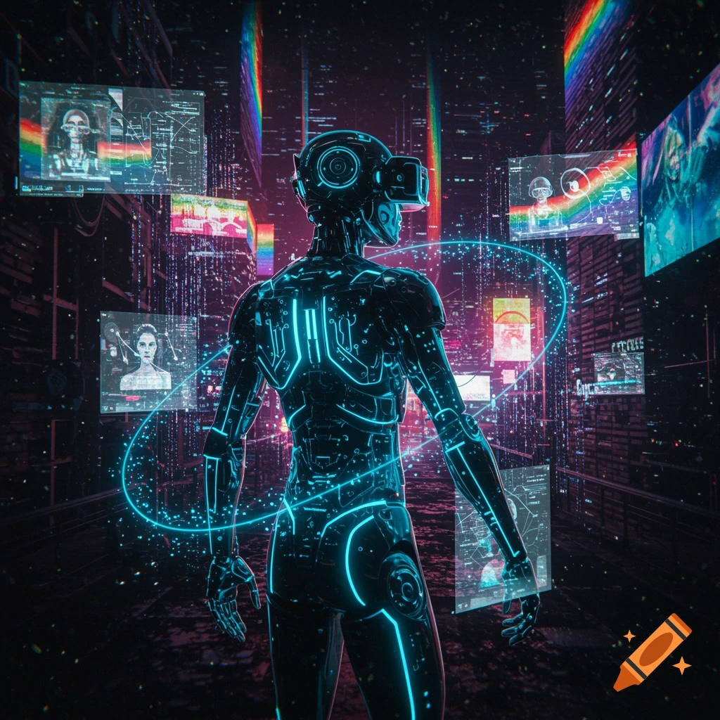 A glowing blue robot with a VR headset stands in a dark, neon-lit cyberpunk city, surrounded by floating holographic screens.