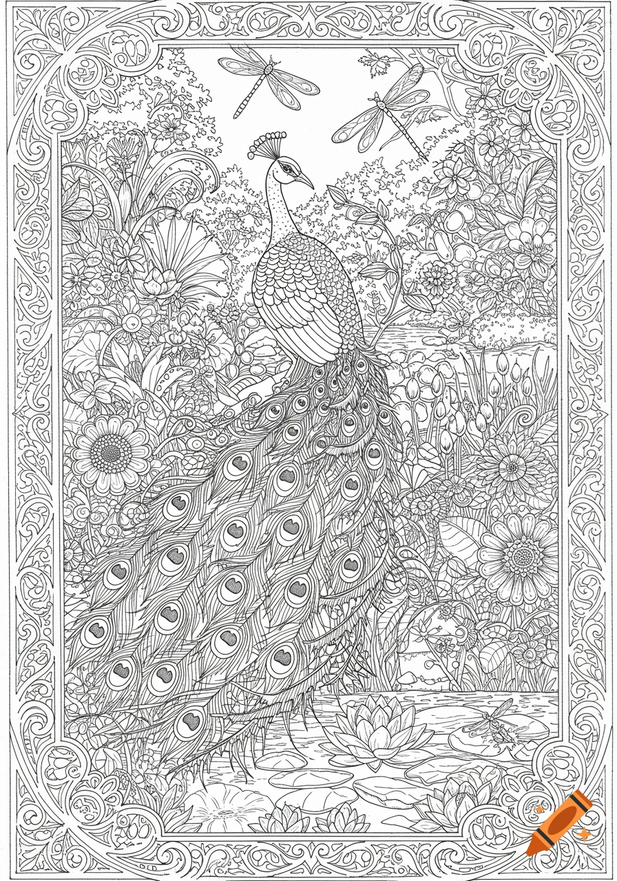 Black and white line art coloring page of a peacock in a lush garden with flowers, water lilies, and dragonflies, ornate border.