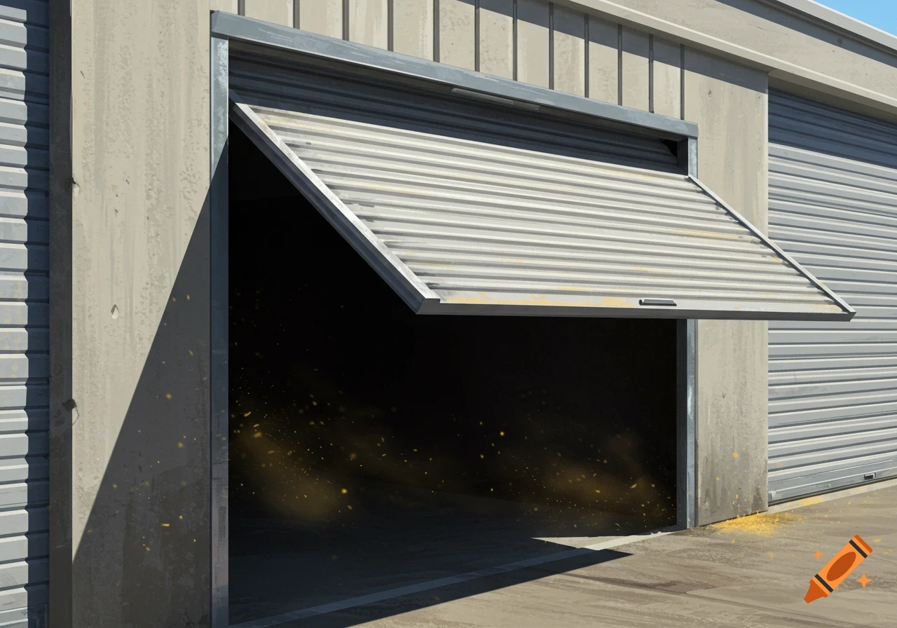 An open storage unit with a partially lifted grey rolling shutter door revealing a dark interior with golden dust motes. Bright daytime exterior.