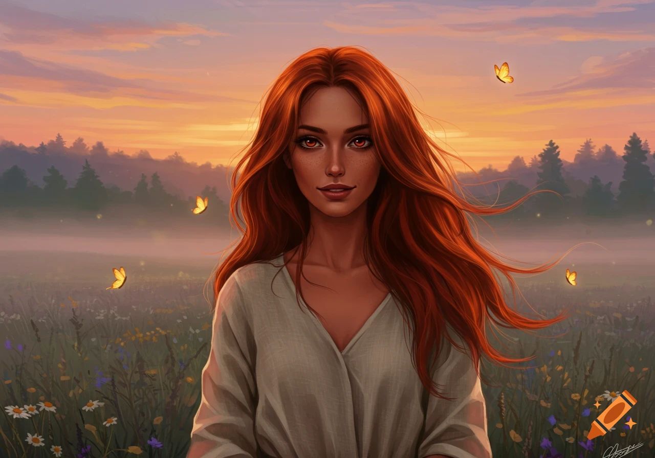 Digital art portrait of a red-haired woman with freckles in a field of wildflowers at sunset with butterflies.