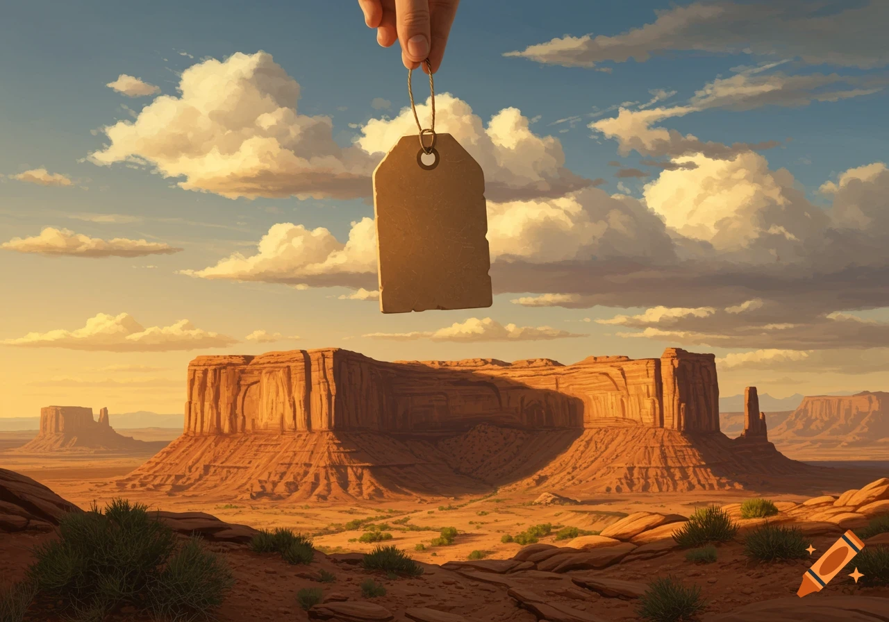 A hand holds a blank price tag above a vast desert landscape featuring large mesas and a partly cloudy sky, digital painting.