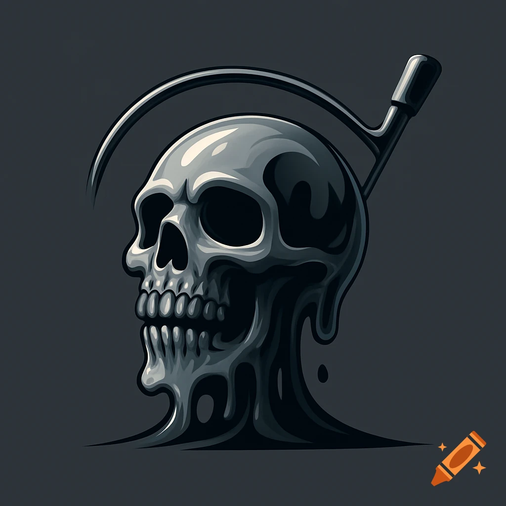 A stylized black and white melting skull with a golf club shaped like a scythe, presented as a logo.
