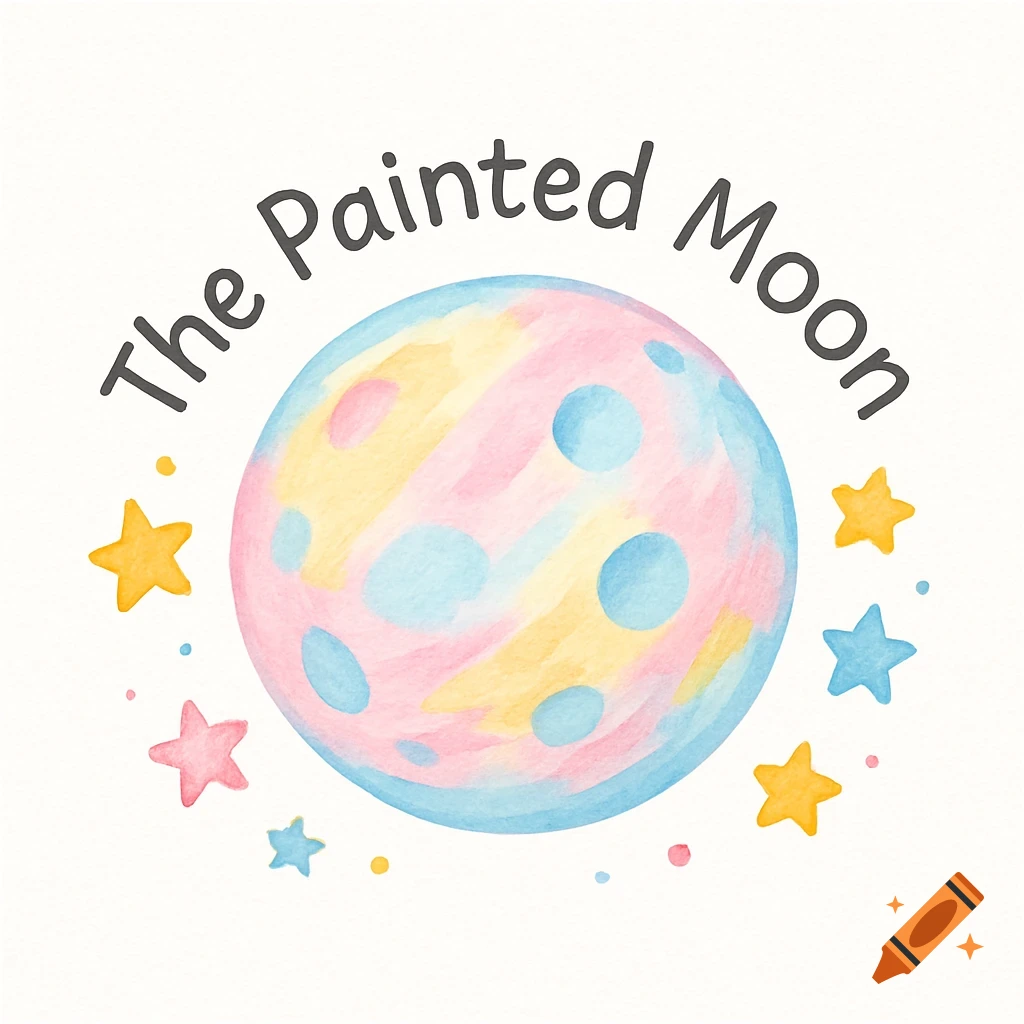 A child-friendly watercolor logo with 'The Painted Moon' text above a pastel pink, yellow, and blue moon surrounded by stars.