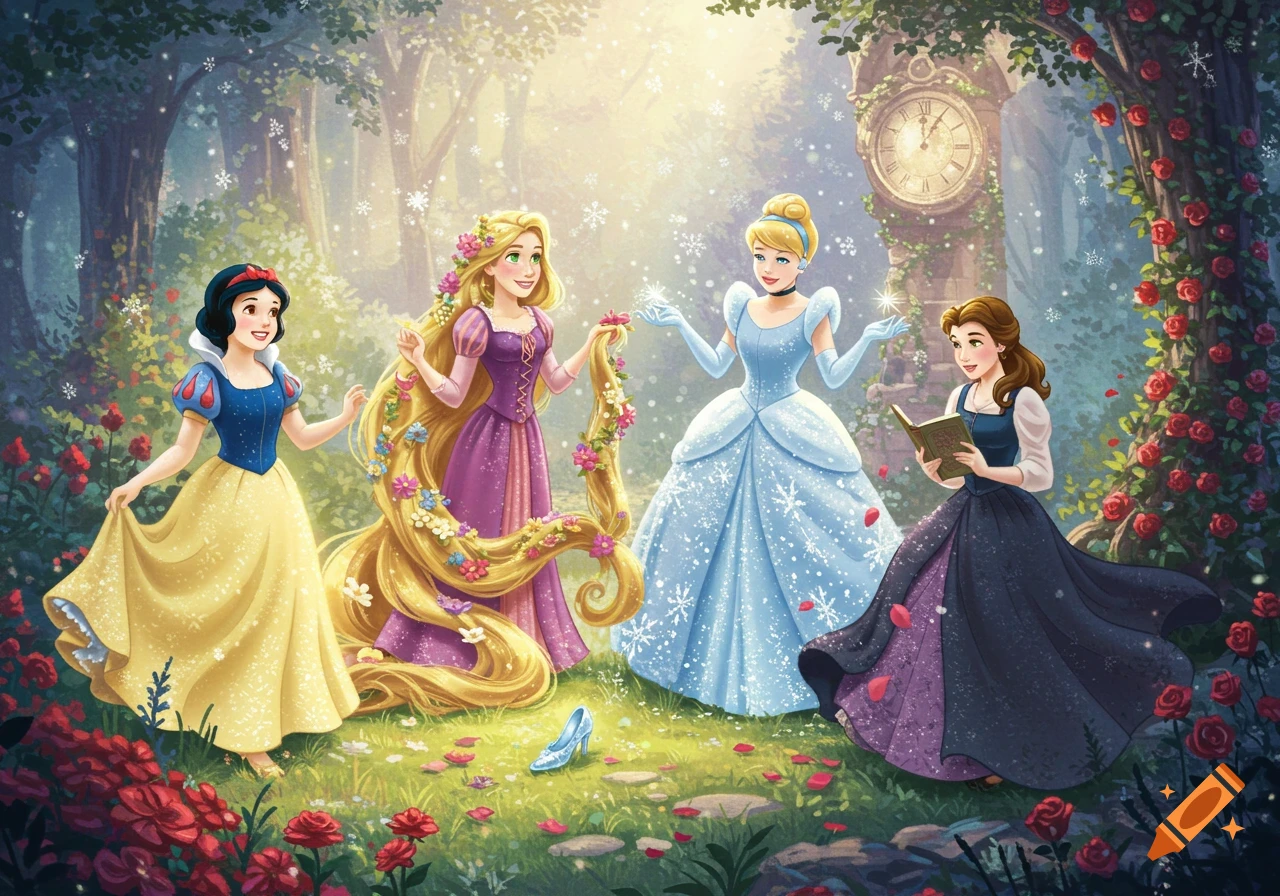 Four Disney princesses (Snow White, Rapunzel, Cinderella, Belle) in a magical forest with flowers and a clock tower, in an animated style.