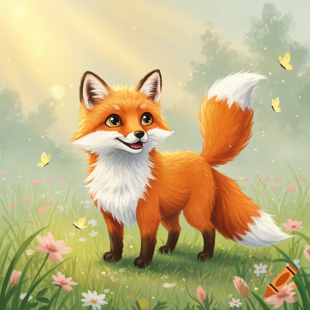 A cute, orange and white cartoon fox with big eyes smiles in a sunlit field with pink and white flowers and yellow butterflies.
